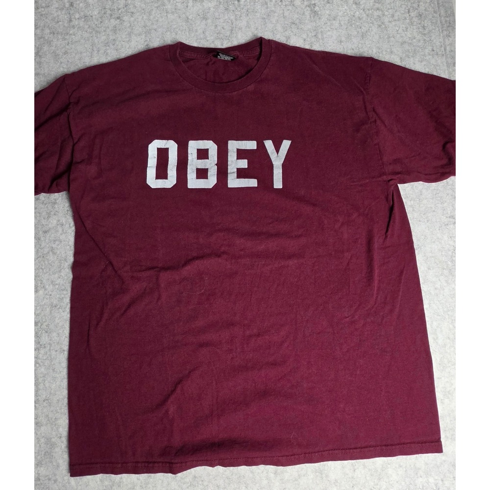 Obey Propaganda Mens XL T-Shirt Burgundy Maroon White Block Logo Graphic Tee